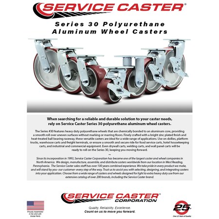 Service Caster 4 Inch Poly on Aluminum Caster Set with Roller Bearings and Total Lock Brakes SCC-TTL30S420-PAR-4